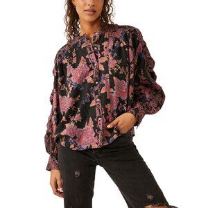 Free People Maraya Top Womens Size Large Black Combo Mixed Floral Puff Sleeves